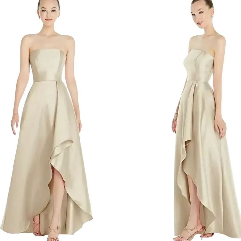 Alfred Sung Strapless Satin Gown Draped Front Slit Pockets Champagne 6